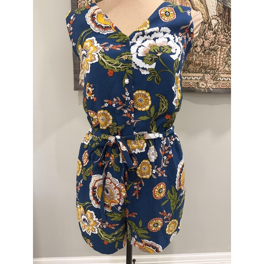 Ann Taylor Factory Romper Womens 0 Blue Floral V Neck Sleeveless Belted Summer